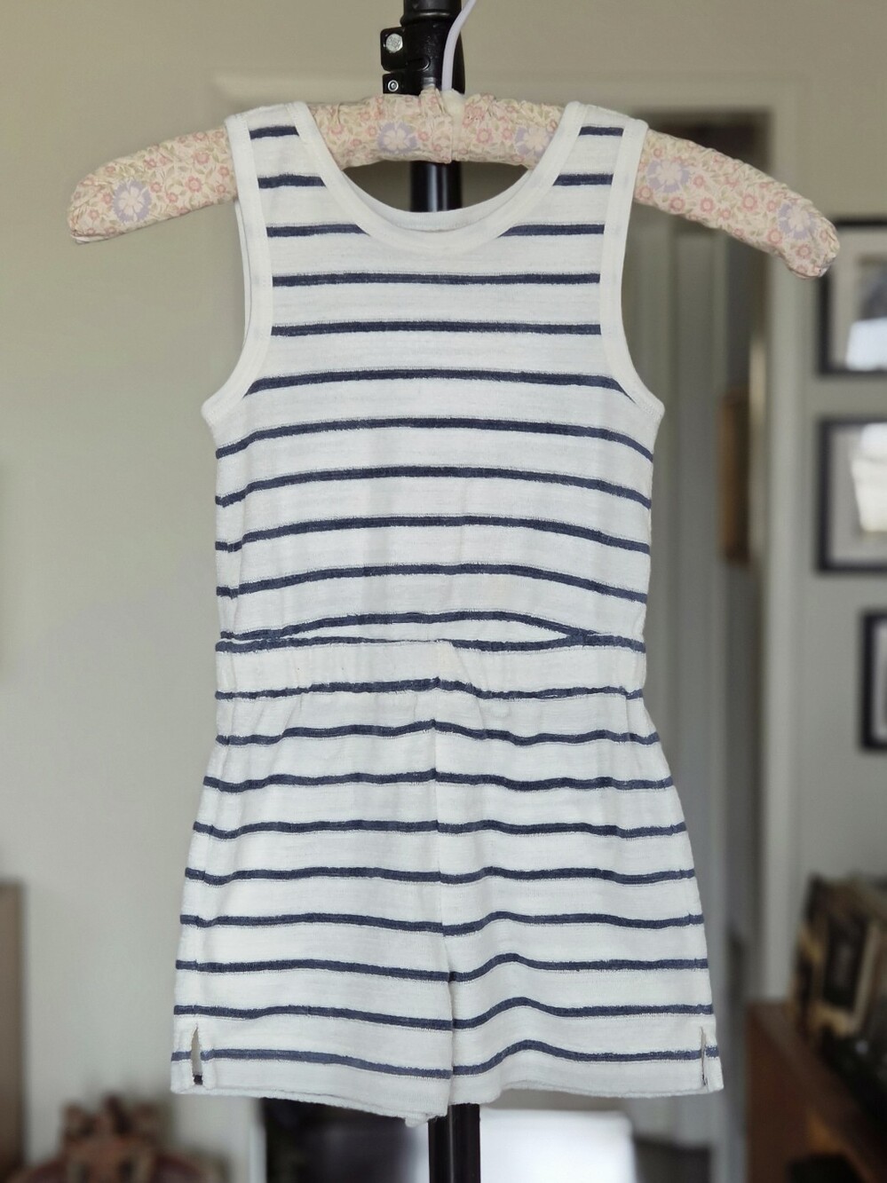 Faherty Kids Cabana Towel Terry Romper - White and Navy NWOT